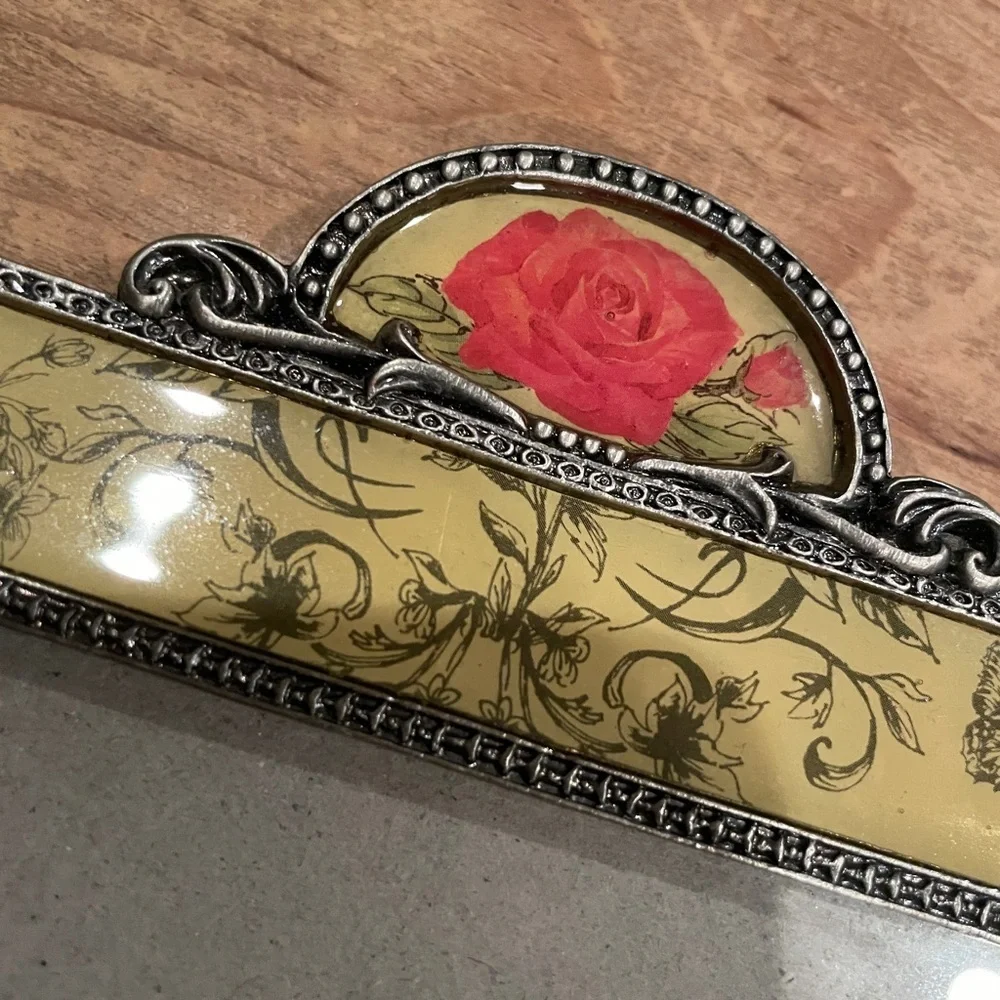 VTG Silver Metal Jeweled Frame Rose Yellow Floral Victorian Shabby Chic 4x6